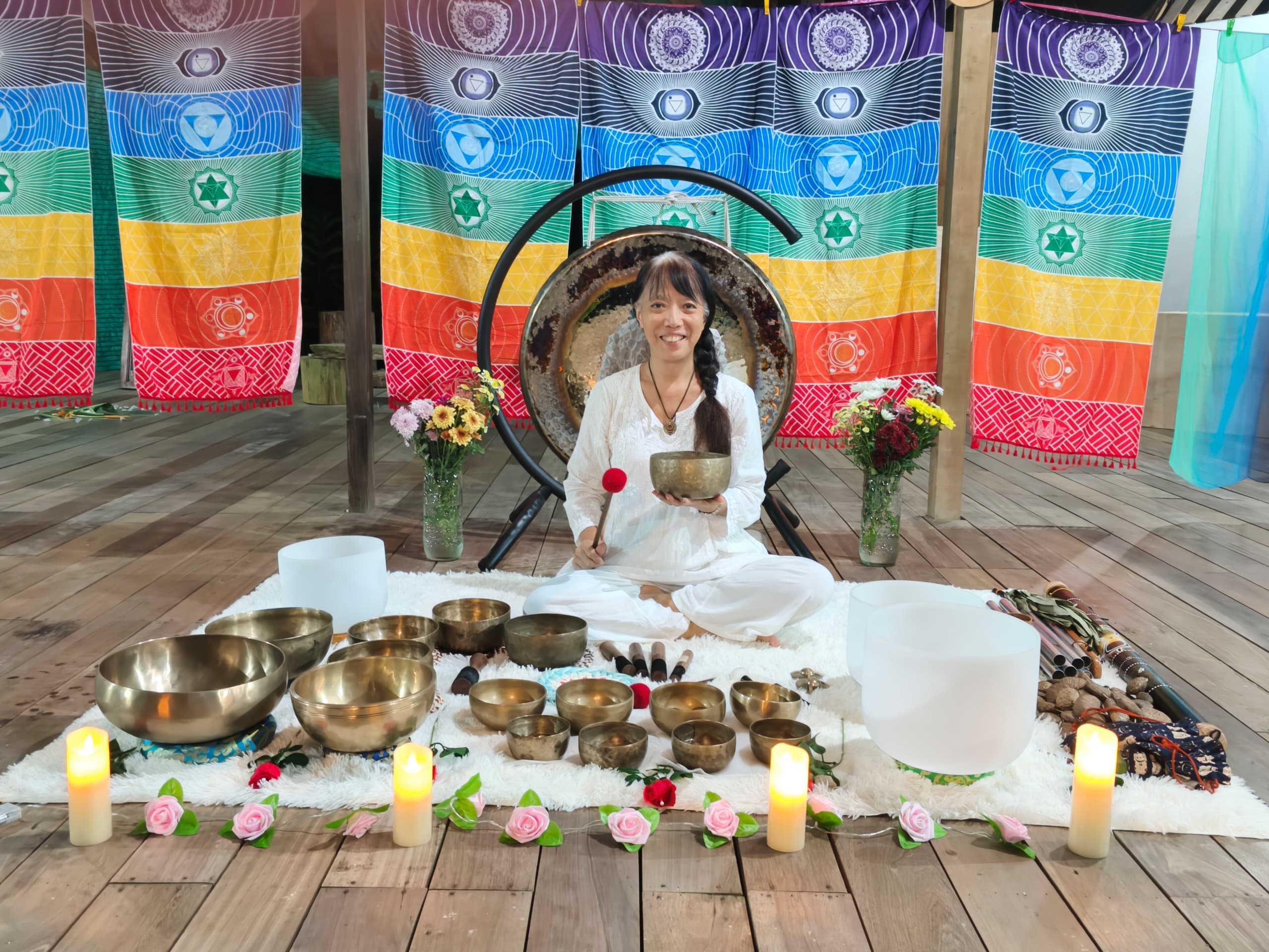 Kendra with her sound bath instruments